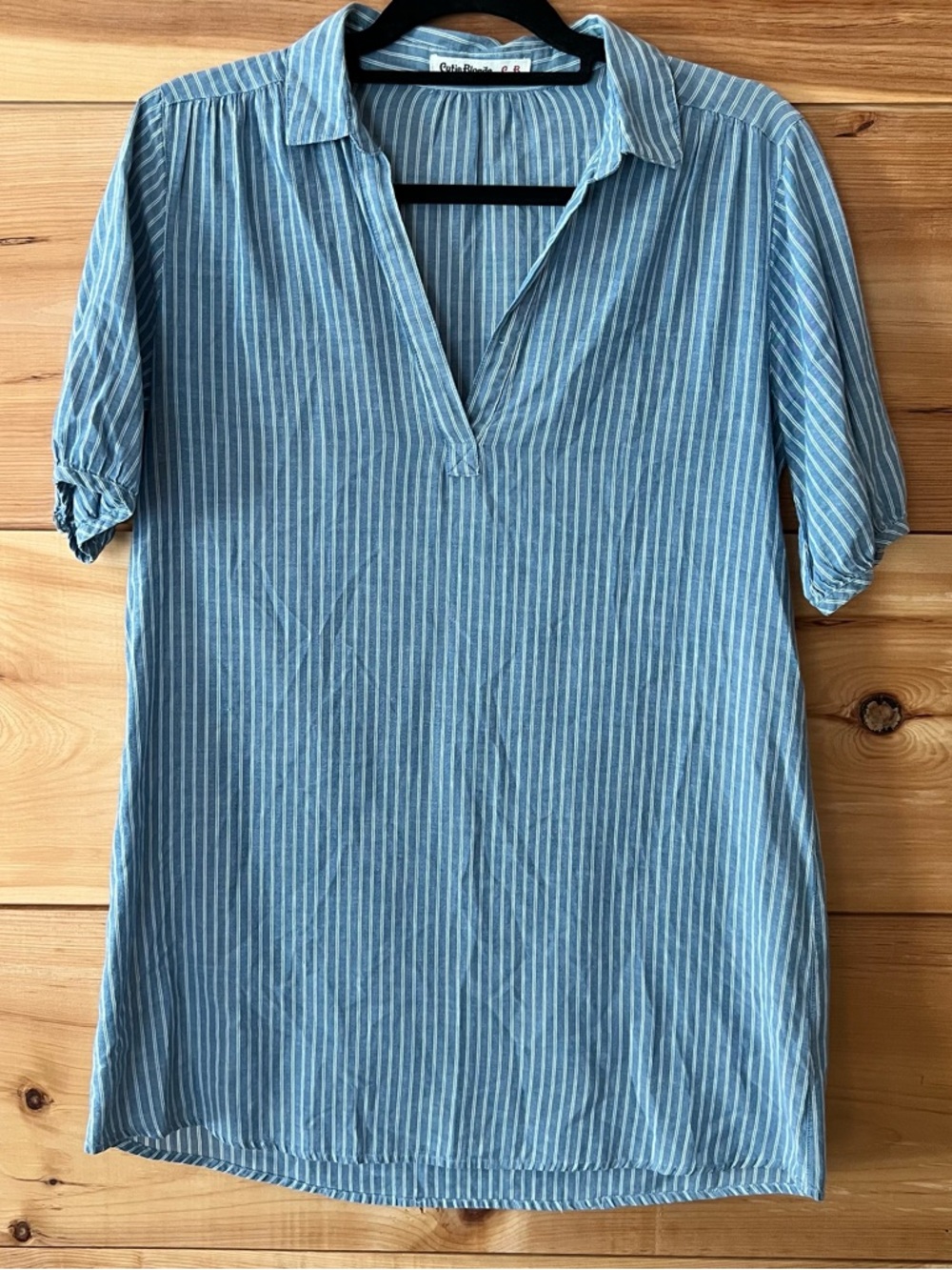 Cutie Blonde Blue Stripe Split-Neck 100%Cotton Lightweight Tunic Top Coastal Fun
